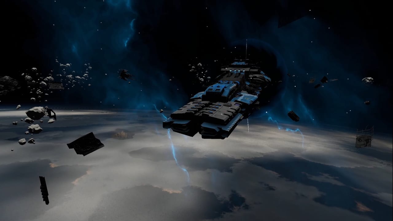 Sublight warship fighting enemy swarms in space combat